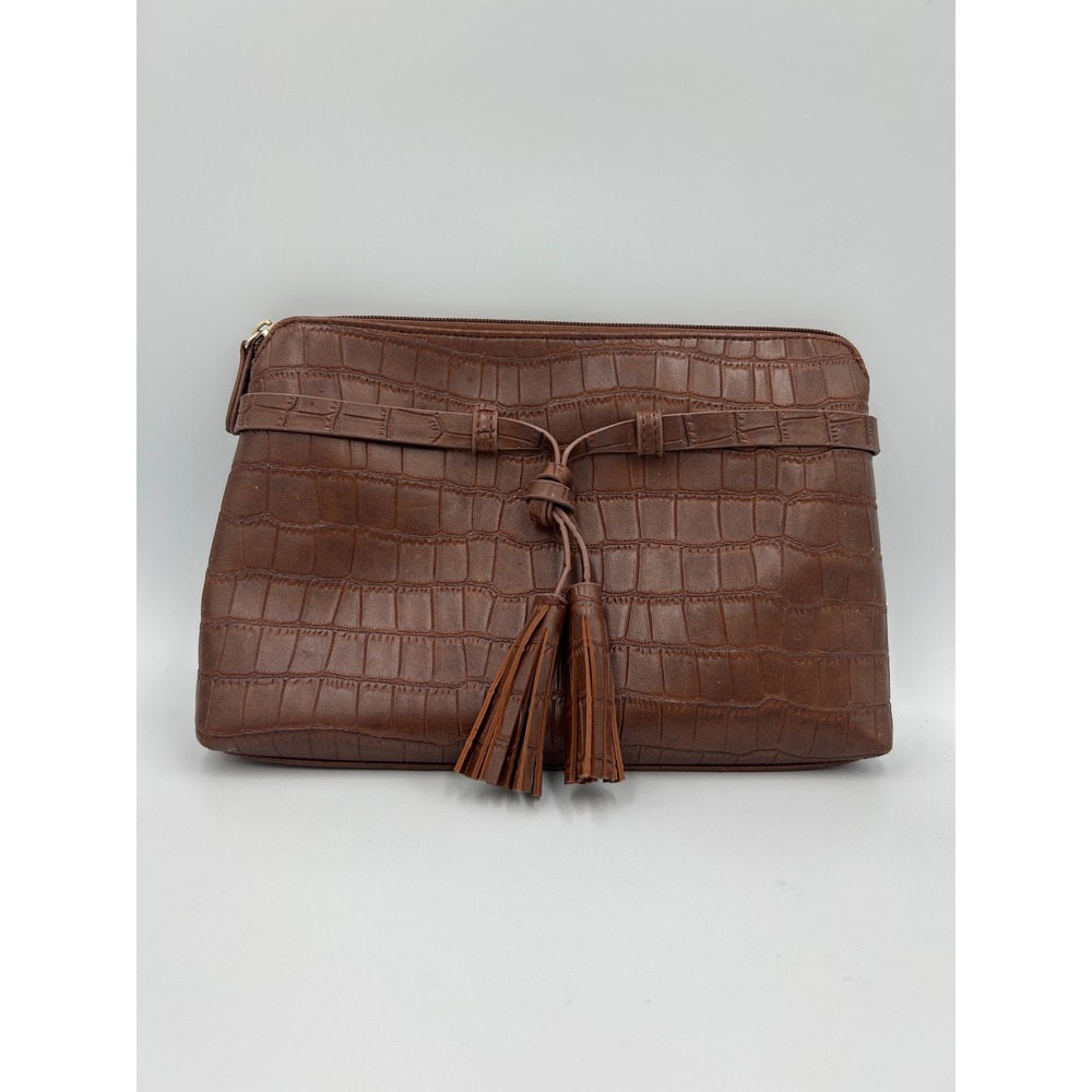 Neiman Marcus Vintage Brown Croc Embossed Tassel Zip Clutch Bag